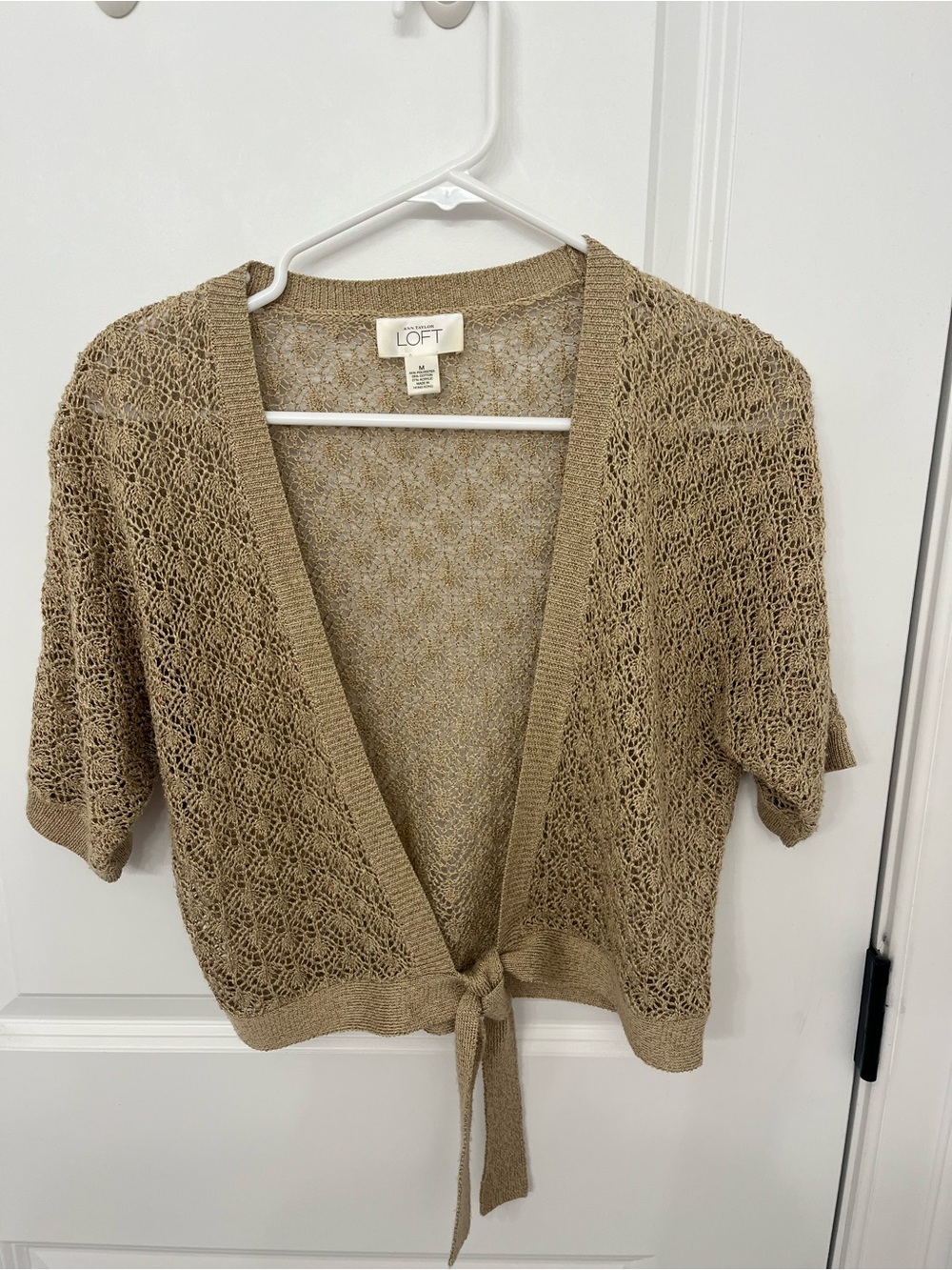 LOFT Tan Open-Knit Tie-Front Short Sleeve Cardigan